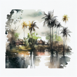 Tranquil Beauty: A Watercolor Print of Kerala's Lush Landscape with Bl