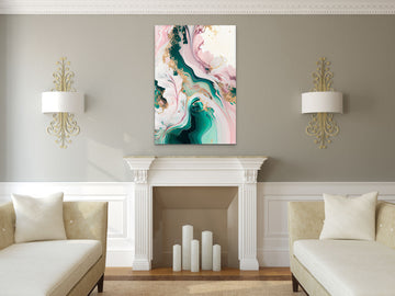 Fluid Harmony: A Mesmerizing Acrylic Color Print with Pink, Teal, and Golden Sparkle