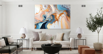 Golden Peach Serenity: A Stunning Acrylic Fluid Art Print in Blue and White with Glittering Gold Accents