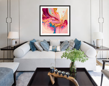 Golden Sunrise: A Vibrant Acrylic Fluid Art Print in Pink, Magenta, Orange, Blue and Yellow Hues