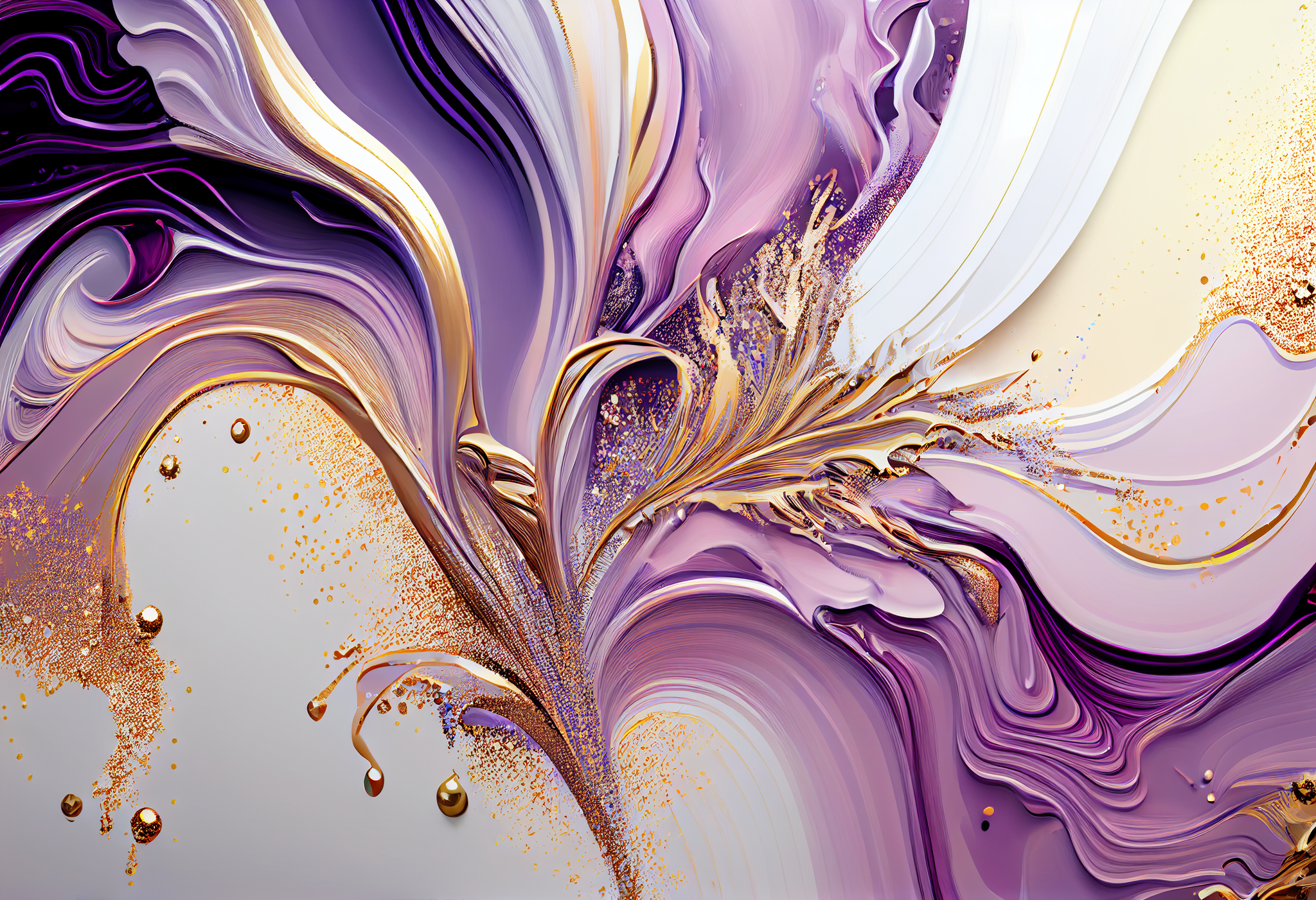 Lavender Dreams - Acrylic Fluid Art Print with Golden Strokes and Sparkles