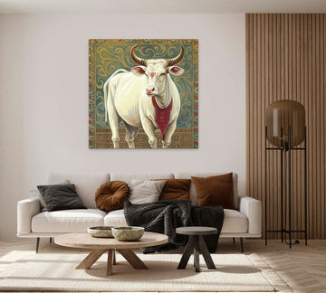 Divine Beauty: Oil Color Print of Majestic Indian Cow with Batik Print Background - Perfect for Wall Art