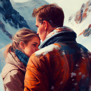 Snowy Mountain Romance: An Oil Print of a Beautiful Couple in Love