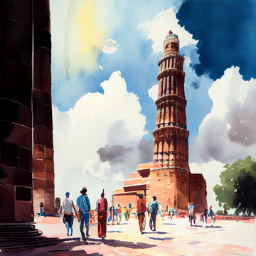 "Iconic Majesty: Artistic Depiction of Qutub Minar with Spectators - Capture the Timeless Beauty of India's Heritage in Your Home"