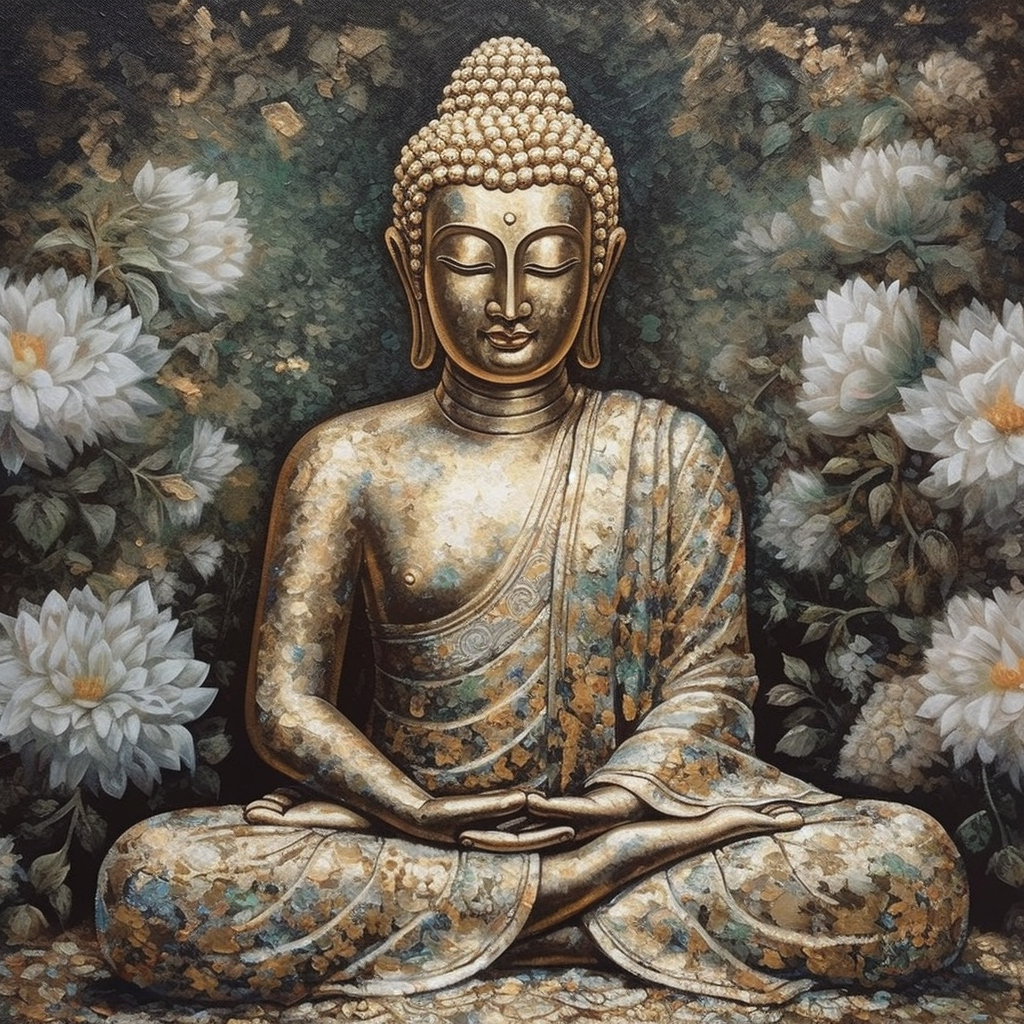 A Glittering Oil Color Print of Lord Buddha's Meditation on a Bed of White Flowers