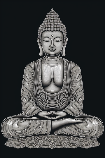 Transcendence in Monochrome: A Minimalistic White Line Art Print of Lord Buddha on a Black Grey Background