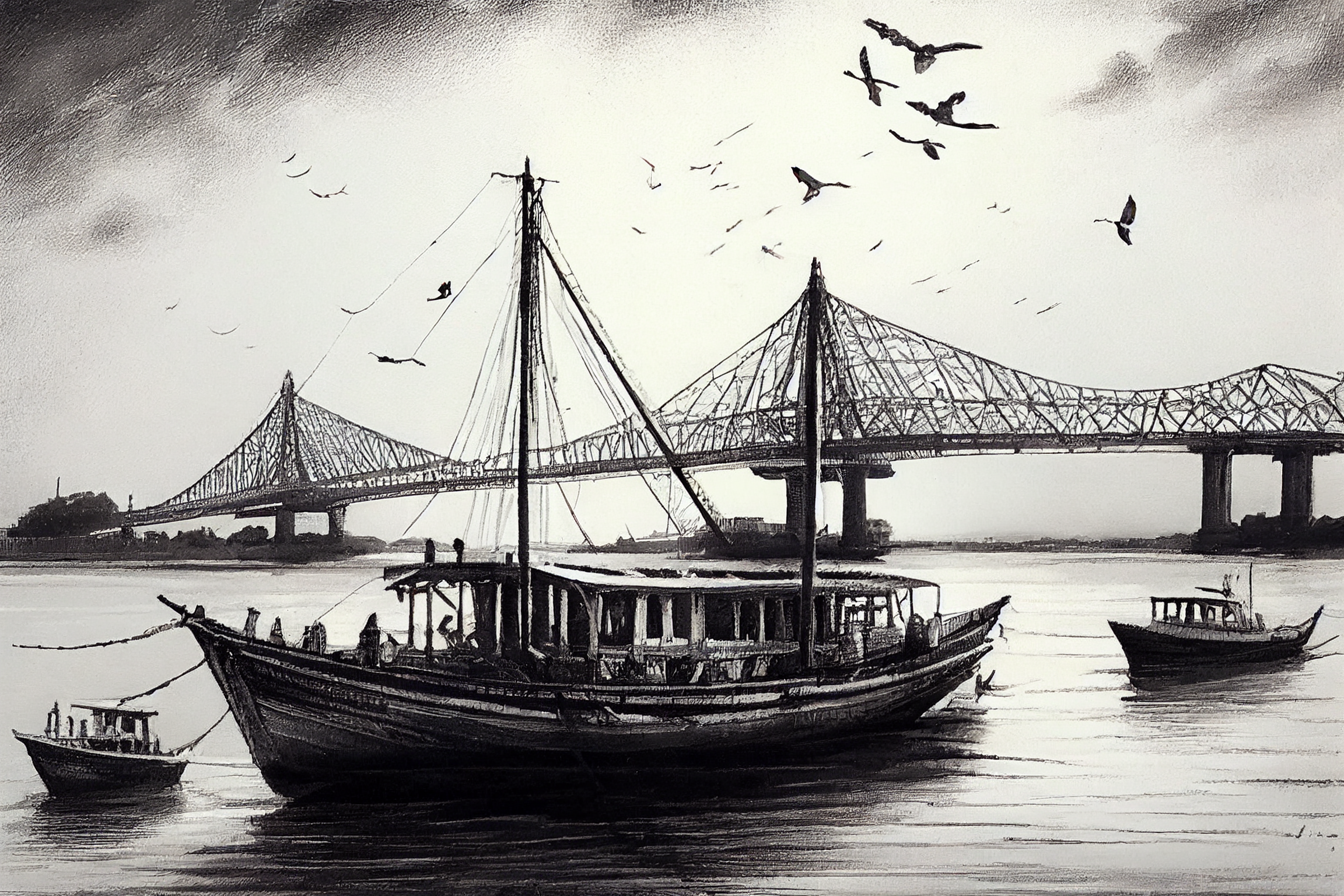 Stock Pictures Howrah Bridge of Kolkata Photographs and Sketch