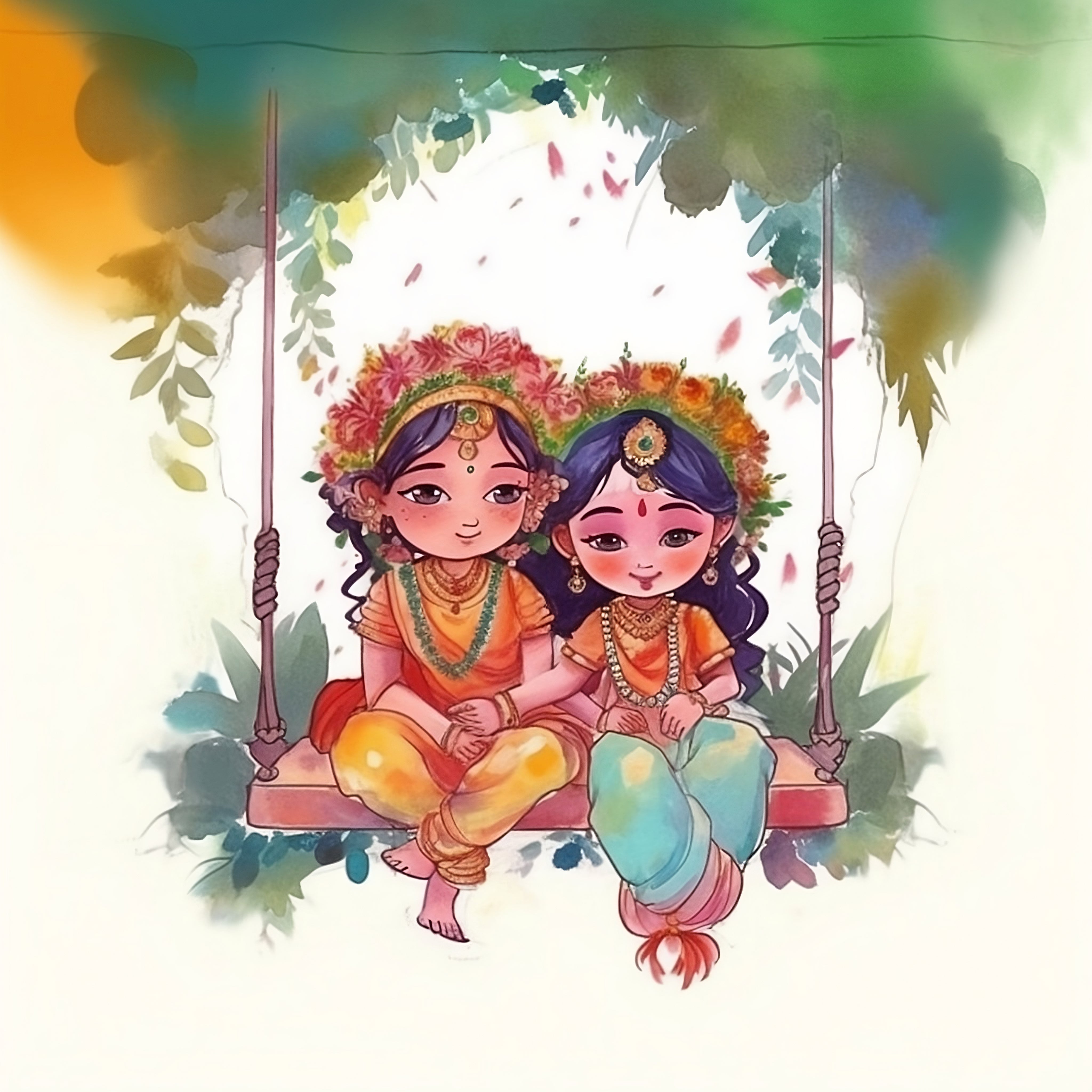Blessed Love of Baby Radha Krishna on Floral Swing AnimeStyle Waterco